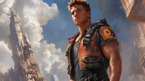 Skyward sentinel watches stormlit industrial spires.