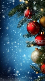 Christmas tree branch with red and gold baubles in snow.