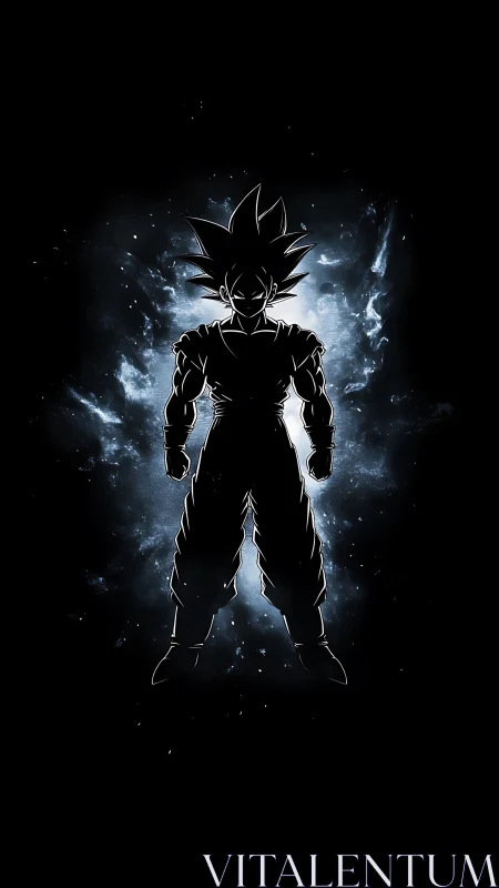 Energetic anime warrior silhouette with cosmic aura glow.