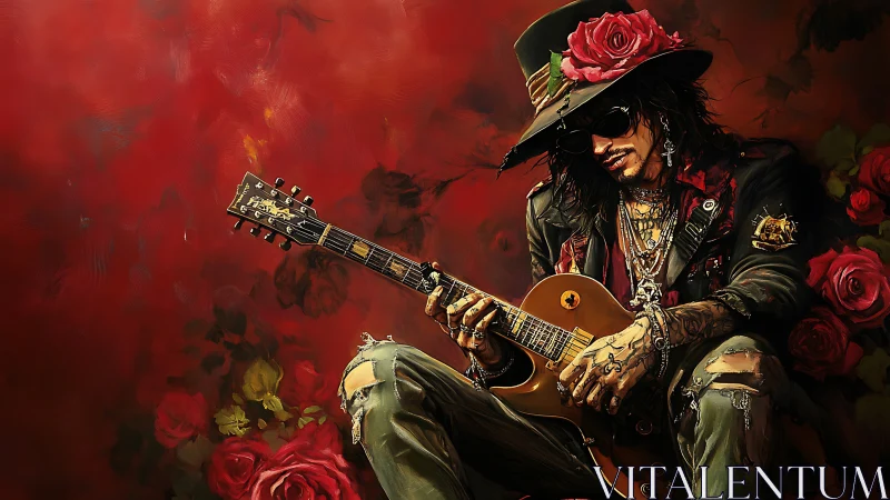 Rose-crowned rock guitarist against vivid crimson bloom field.