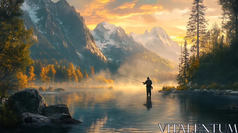 Solitary fly fisher in misty alpine lake at sunrise glow