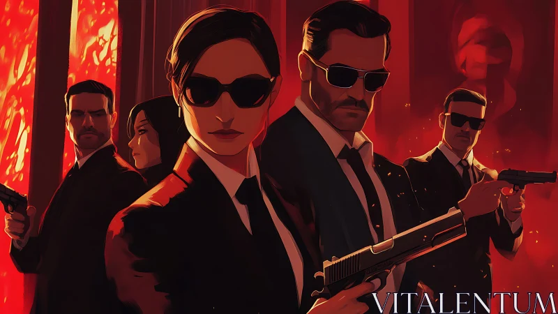 Armed agents in suits stand ready against red backdrop.