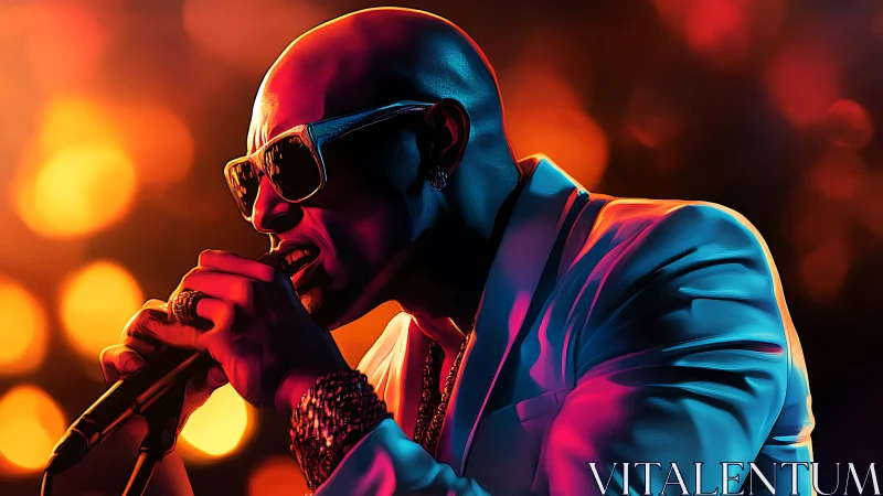 Intense neon-lit vocalist in profile delivers dynamic performance