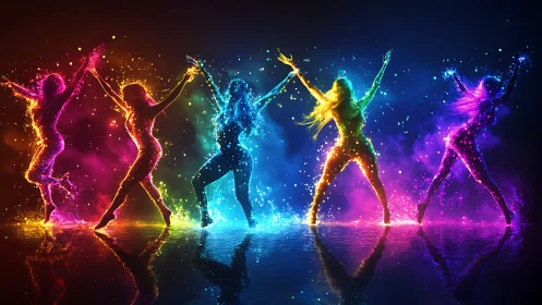 Rainbow silhouettes dancing in a splash of electric light.