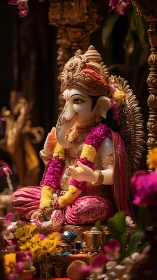 Intricately adorned Ganesha idol with garlands under warm directional lighting