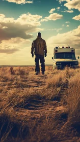 Sunlit desert wanderer pausing beside a lone camper van.