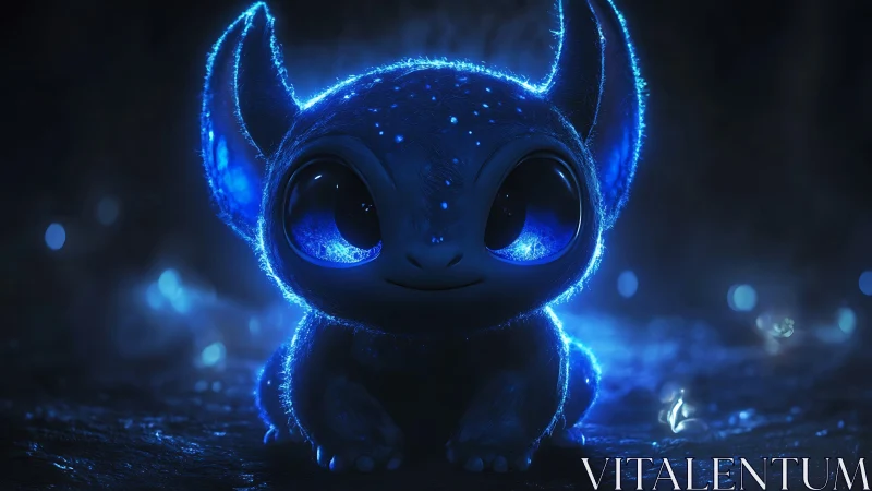 Glowing blue forest creature with huge curious eyes at night.