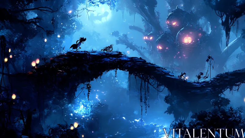 Silhouetted Figures on Floating Platform in Blue Mystical World