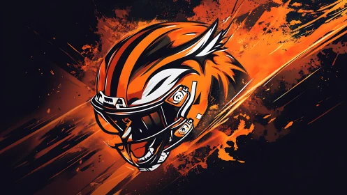 Tiger-striped football helmet in explosive orange motion graphic.