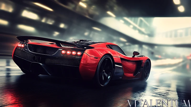 Scarlet hypercar slices through a neon-lit wet tunnel at speed