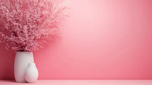 Minimalist pink florals with matte white vases on gradient wall.
