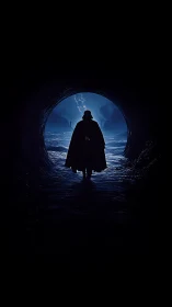 Dark caped figure exits tunnel into storm-lit alien shore