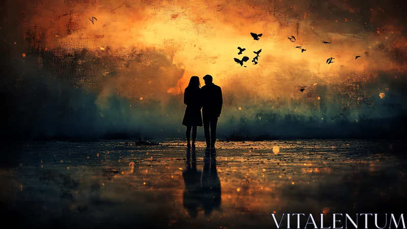 Two figures standing before dramatic sky with birds in flight.