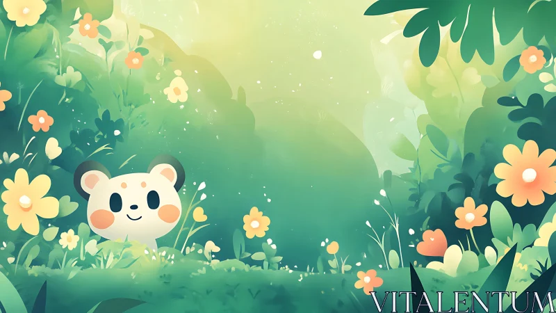 Sunny little bear peeks from a dreamy flower meadow
