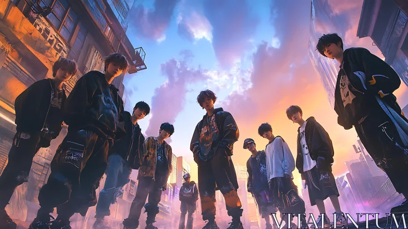 Urban youth collective stands in low-angle neon dusk environment