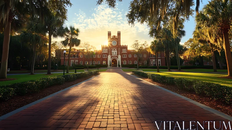 Sunlit brick campus avenue leads toward historic clocktower.