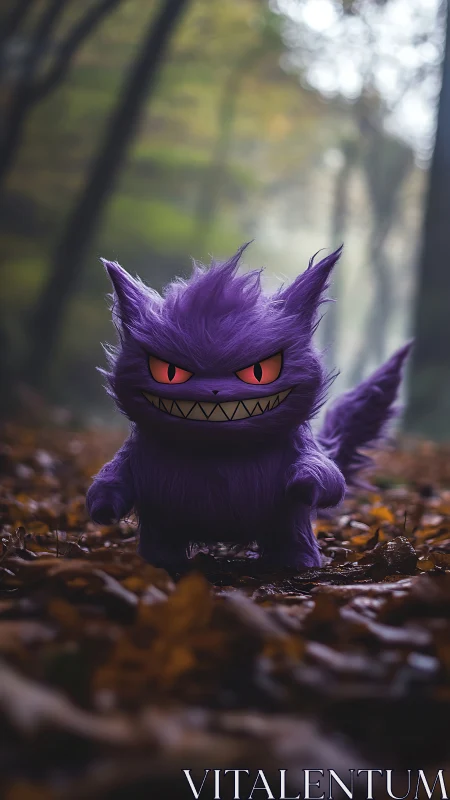 Purple furry creature stands on leaf-covered forest path