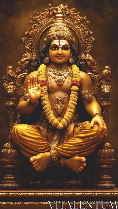 Golden seated Hindu deity statue with ornate throne detail.