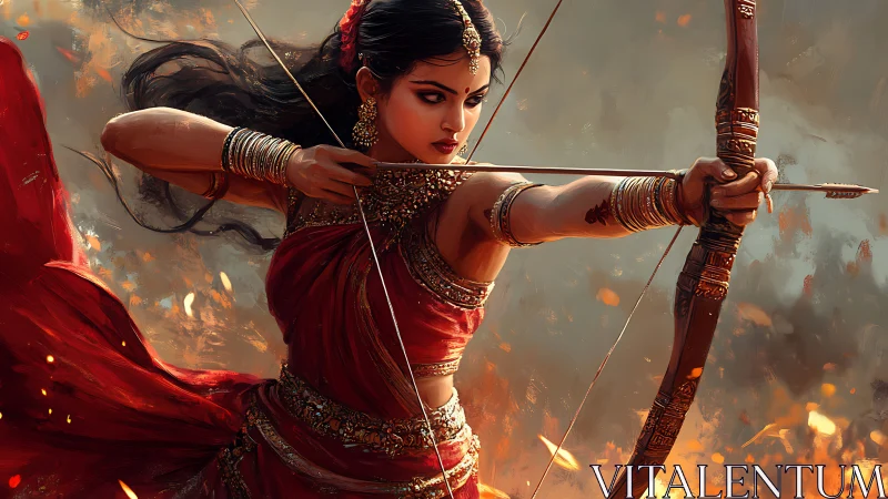 Warrior archer goddess draws her bow amid swirling embers