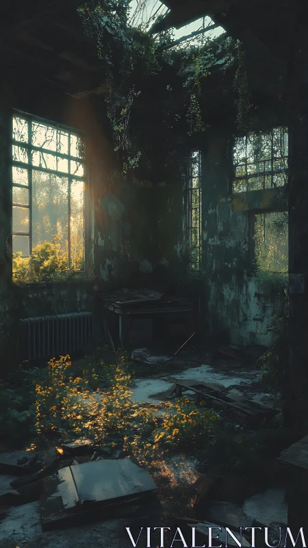 Overgrown interior of derelict room with broken windows.