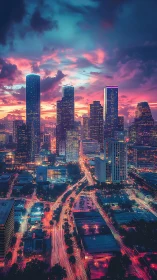 Neon-lit high-rise skyline under magenta cyan dusk cloudfield