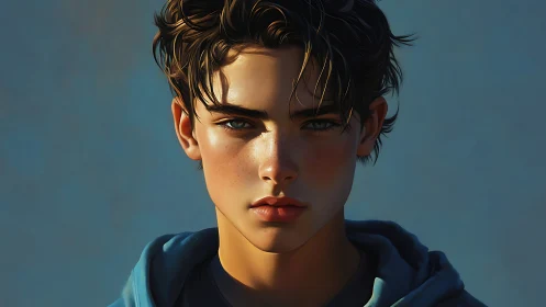 Digital portrait depicts young person in direct frontal view