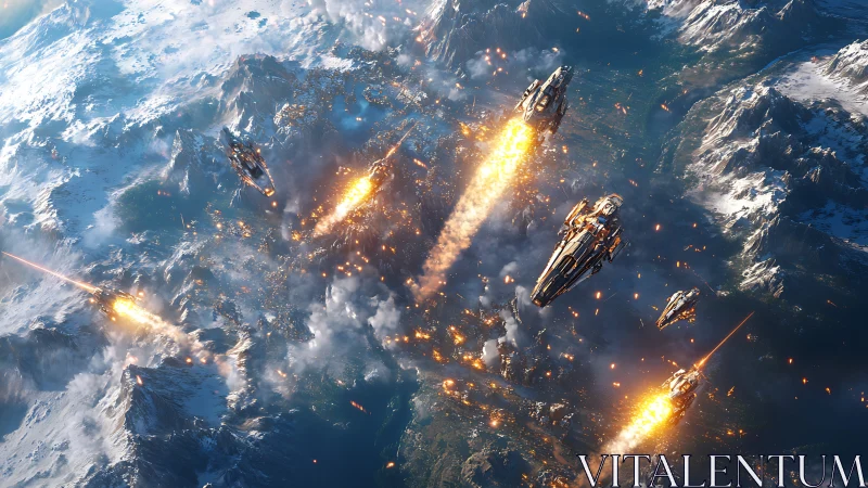 Orbital assault craft descending over alpine world in flames