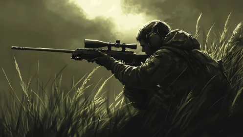 Digital painting of tactical sniper in high-grass silhouette.