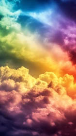 Prismatic storm clouds glow under saturated rainbow light.