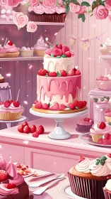 Pink Bakery Celebration: Three-Tier Berry Cake Display.