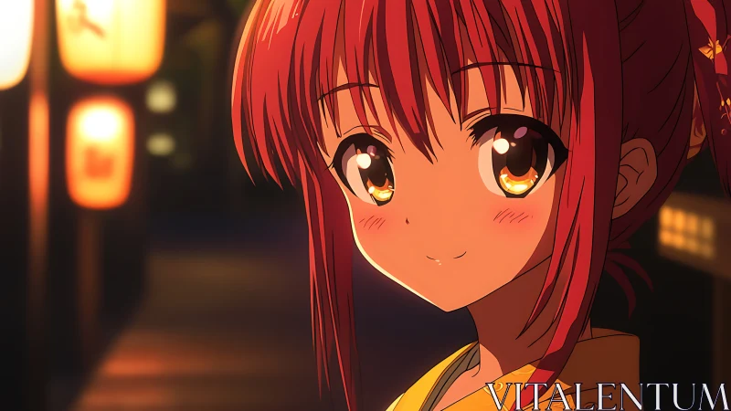 Warm lantern-lit anime girl portrait in evening street scene.
