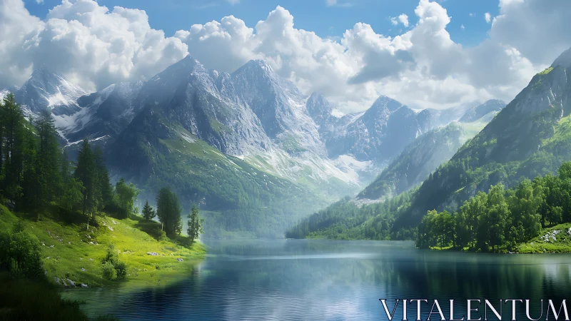 Mountain lake valley under clouds with reflective water.