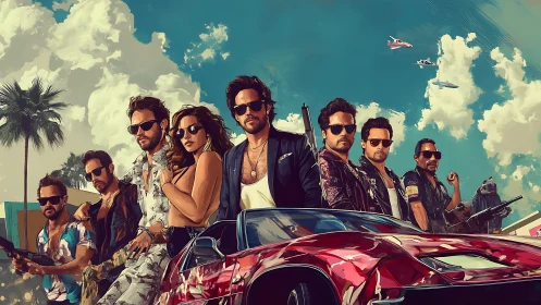 Neon-noir heist crew framed against stylized retro skyline