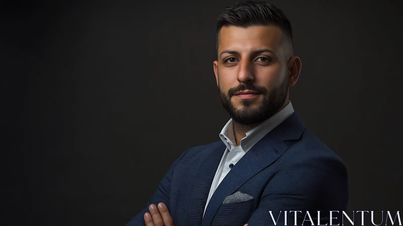 Confident businessman portrait in blue suit on dark background.