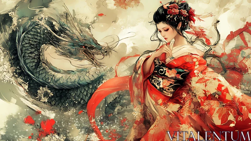 Elegant geisha in red kimono confronts swirling jade dragon