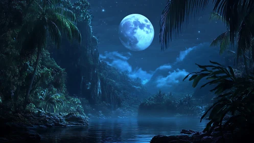 Moonlit Canyon Landscape with Water Reflection