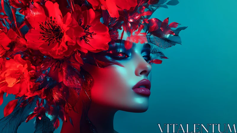Floral siren crowned in neon scarlet dreams and aqua hush.