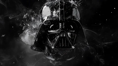 Dark sci-fi helmet emerges from swirling cosmic smoke