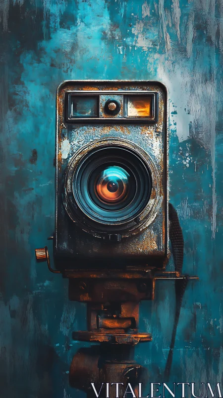 Rust-worn vintage camera against teal textured backdrop.