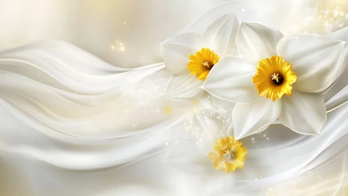 White Daffodils with Yellow Centers on Flowing Silk.
