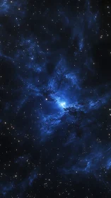 Deep blue nebula swirls around radiant stellar core in space.