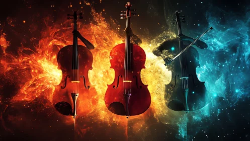 Fiery and icy cellos share a cosmic stage in glowing harmony