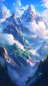 Sunlit alpine peaks rise through drifting clouds and mist.