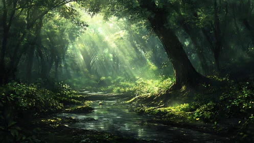 Ancient Forest Stream with Divine Light Rays.