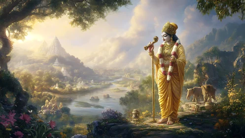 Krishna figure stands by river in lush, idealized landscape