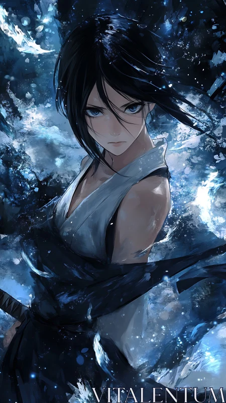 Kinetic anime swordswoman amid turbulent blue energy field.