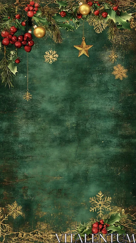 Vintage Christmas frame with holly, berries, gold accents.