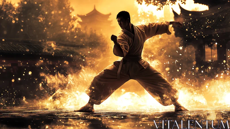 Martial artist strikes dynamic pose in fiery courtyard scene.