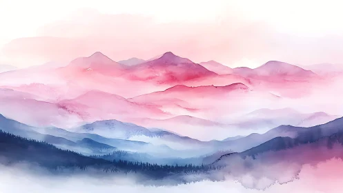 Layered pink and blue mountain ranges in watercolor style.
