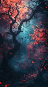 Enchanted crimson forest glows against a misty teal sky